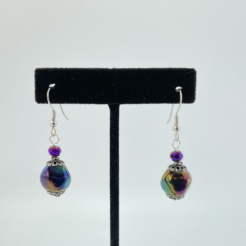 Featured! Aurora Borealis Black & Purple Earrings, Handmade, Silver Filigree